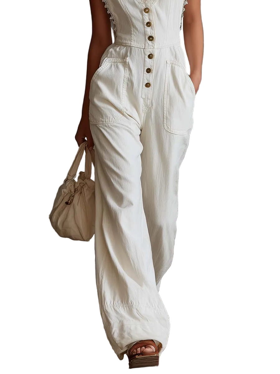 NOVAYA - Elegant Vintage Western V-neck Front Buttons Lace Trim White Cotton Jumpsuit