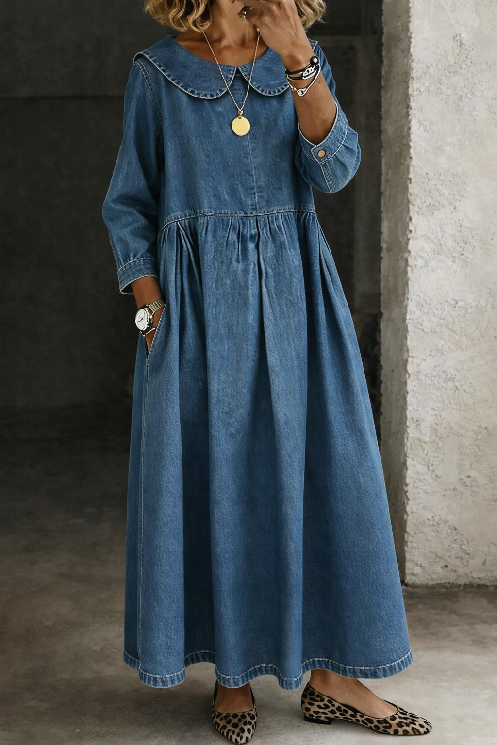 Clara | Peter Pan Collar Denim-Inspired Dress