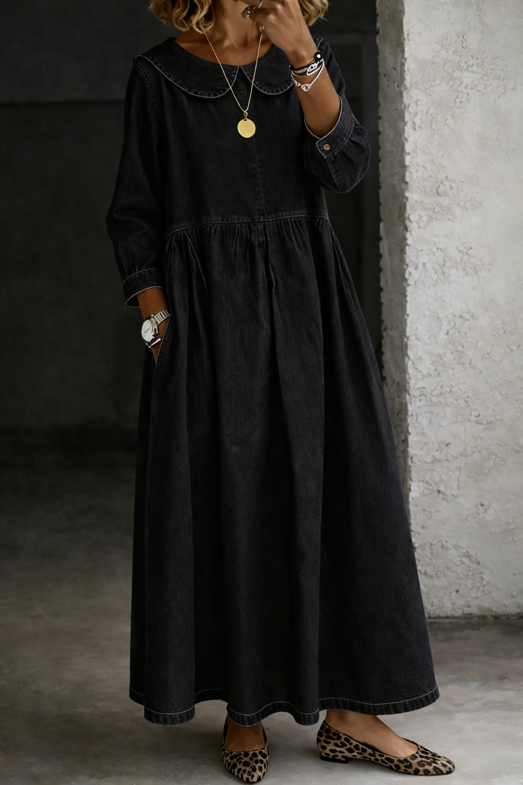 Clara | Peter Pan Collar Denim-Inspired Dress