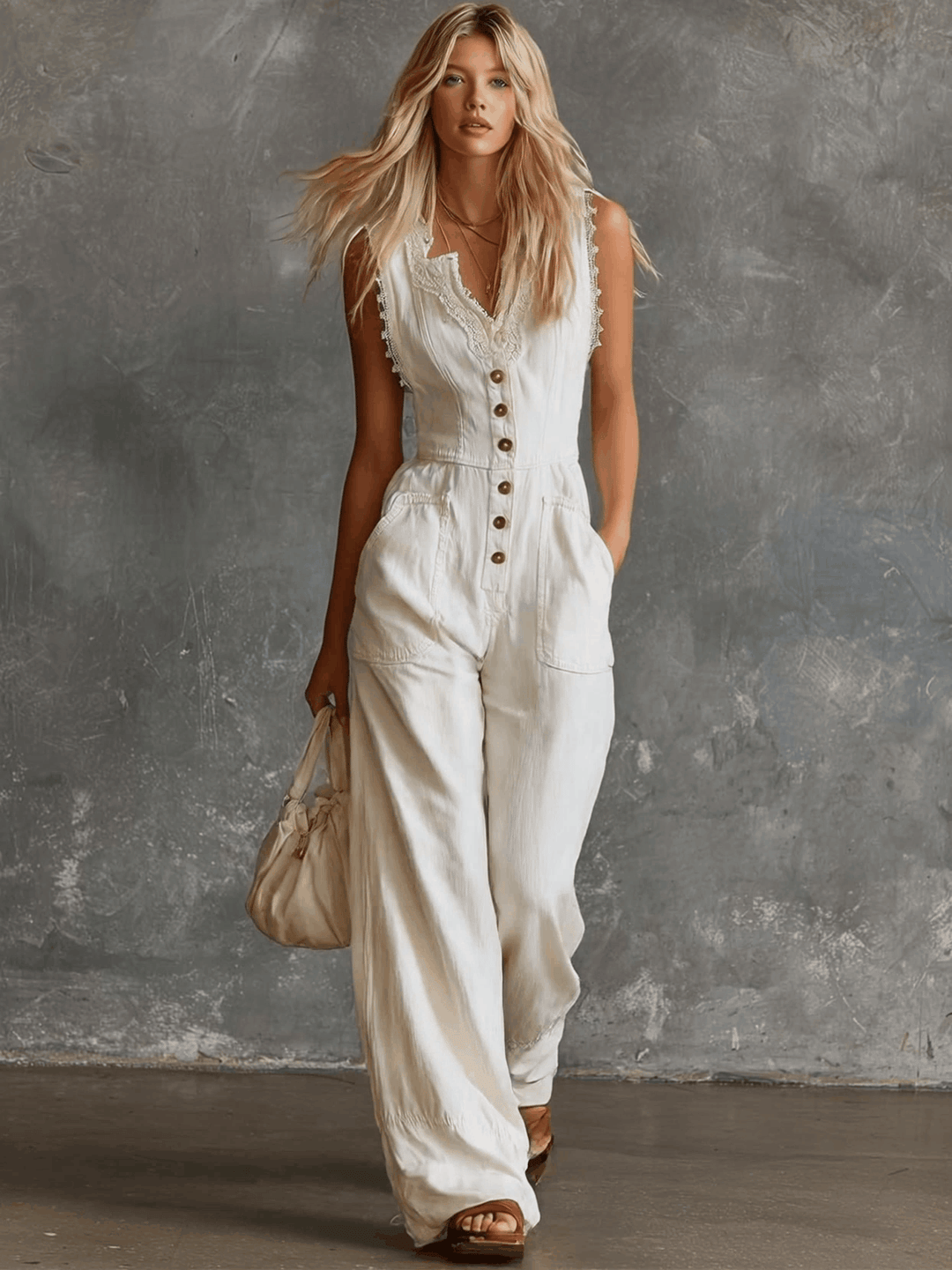NOVAYA - Elegant Vintage Western V-neck Front Buttons Lace Trim White Cotton Jumpsuit