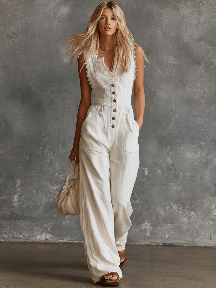 NOVAYA - Elegant Vintage Western V-neck Front Buttons Lace Trim White Cotton Jumpsuit