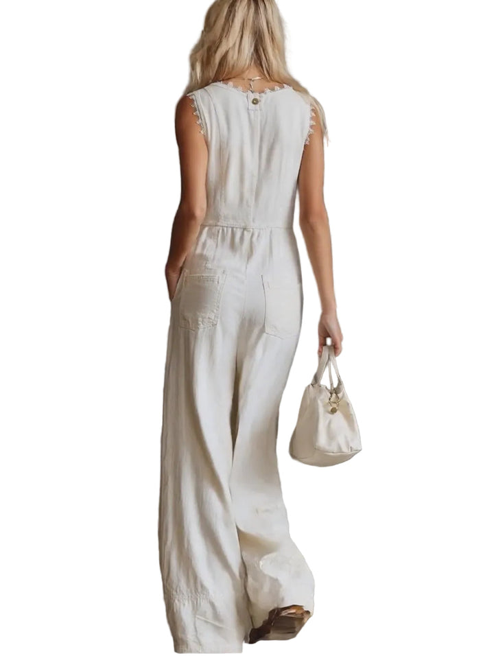 NOVAYA - Elegant Vintage Western V-neck Front Buttons Lace Trim White Cotton Jumpsuit